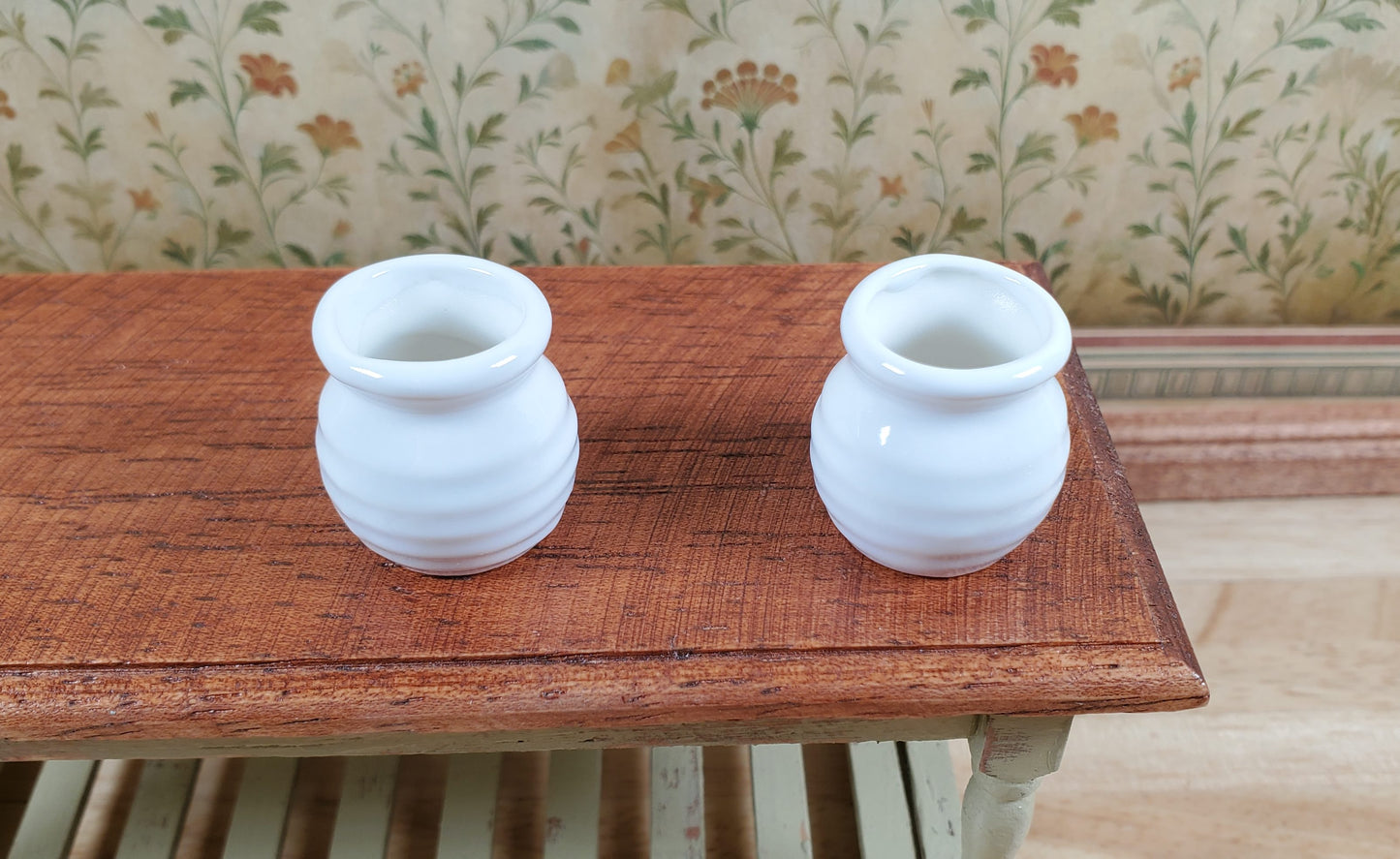 Dollhouse Vases White Ceramic Wide Mouth Set of 2 Pot Planter 1:12 Scale