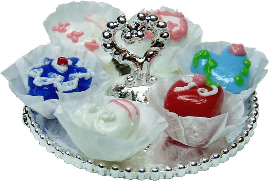 Dollhouse Sweets on a Silver Heart Tray 1:12 Scale Miniature Dessert Food