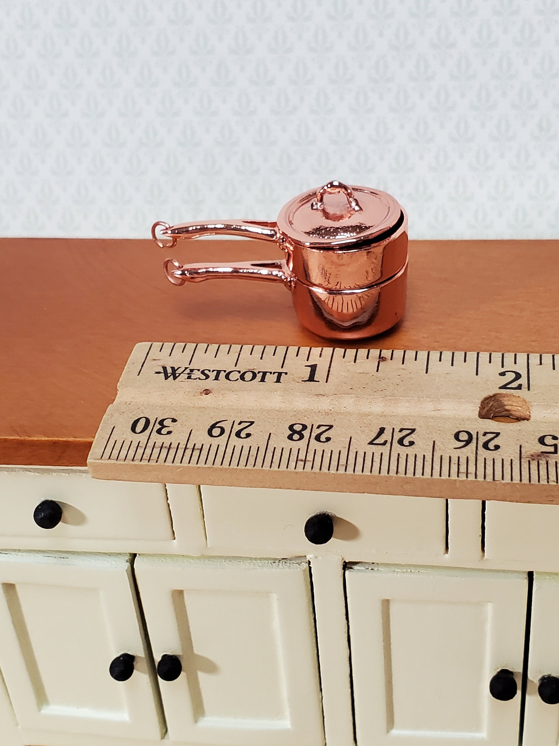 Dollhouse Copper Double Boiler Pots + Lid Cooking Pans 1:12 Scale Miniature Kitchen Falcon Miniatures