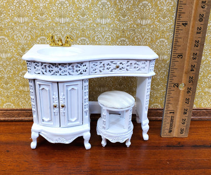 Dollhouse Bathroom Vanity Sink with Stool White Wood 1:12 Scale Miniature Furniture