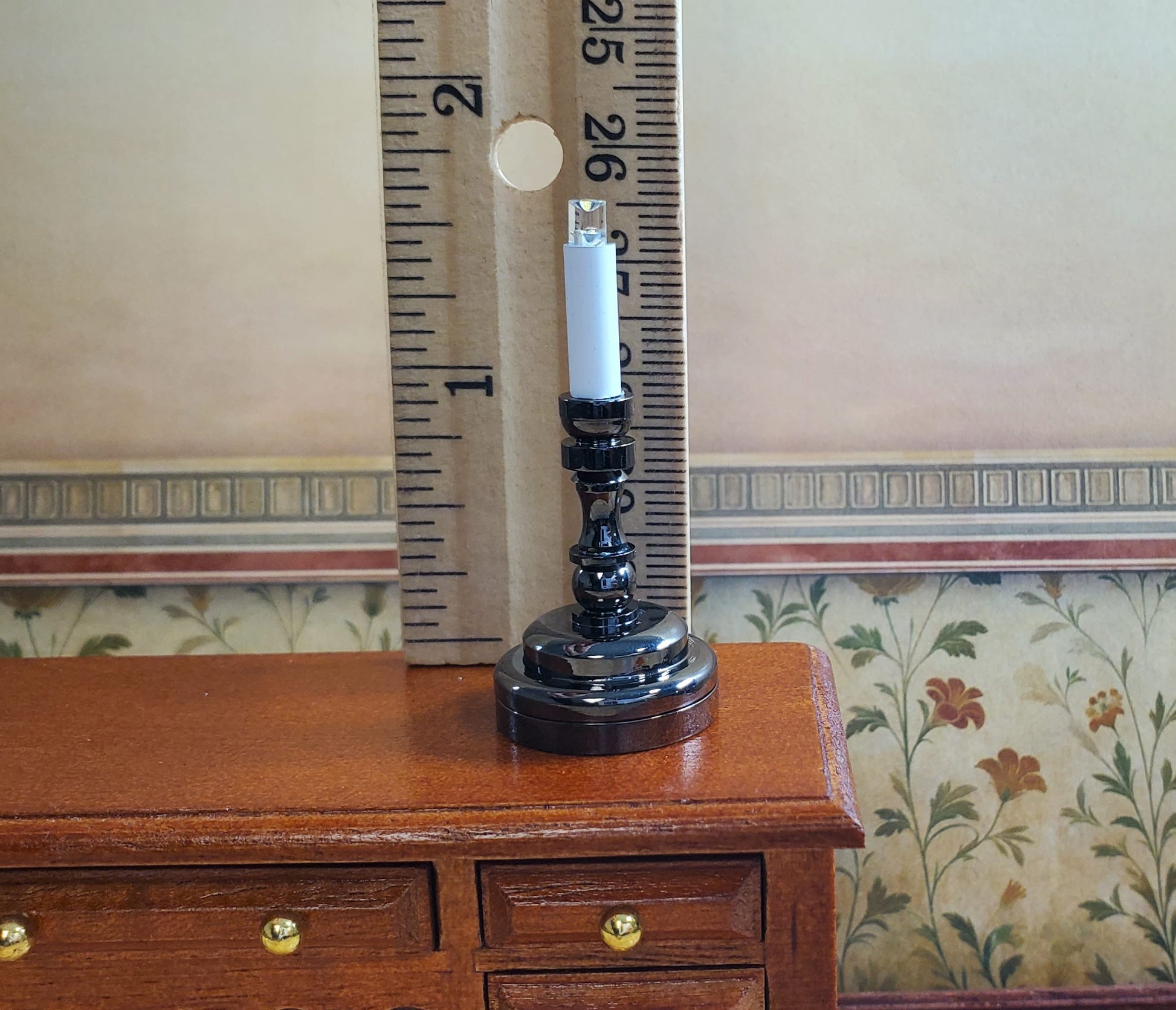 Dollhouse Battery Light with Wand Candlestick Large Black 1:12 or 1/6 Scale Lamp