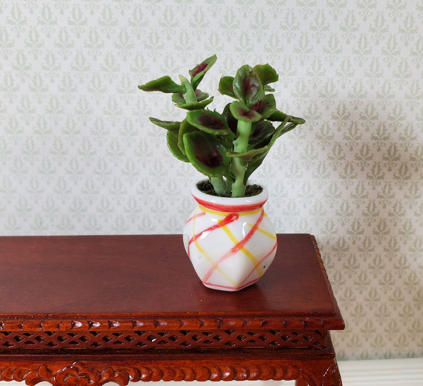 Dollhouse Variegated Coleus Plant in a Striped White Pot 1:12 Scale Miniature