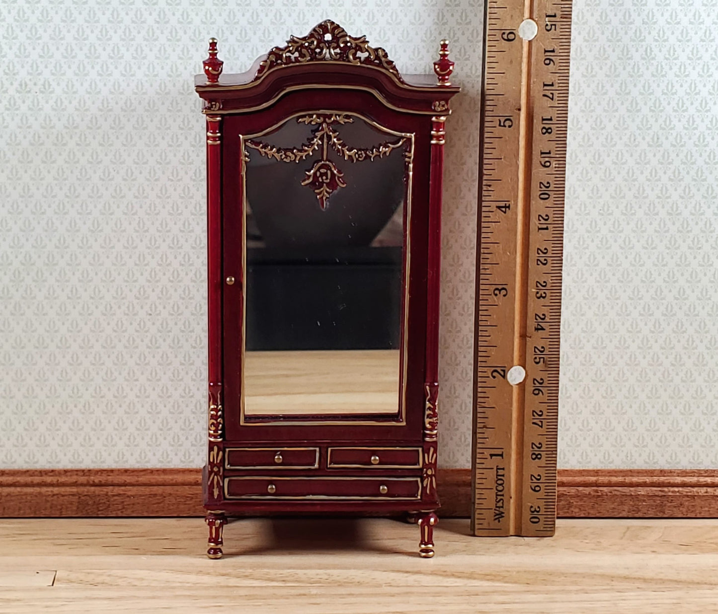 Dollhouse Mirrored Wardrobe Mahogany Finish 1:12 Scale by Hansson Miniatures