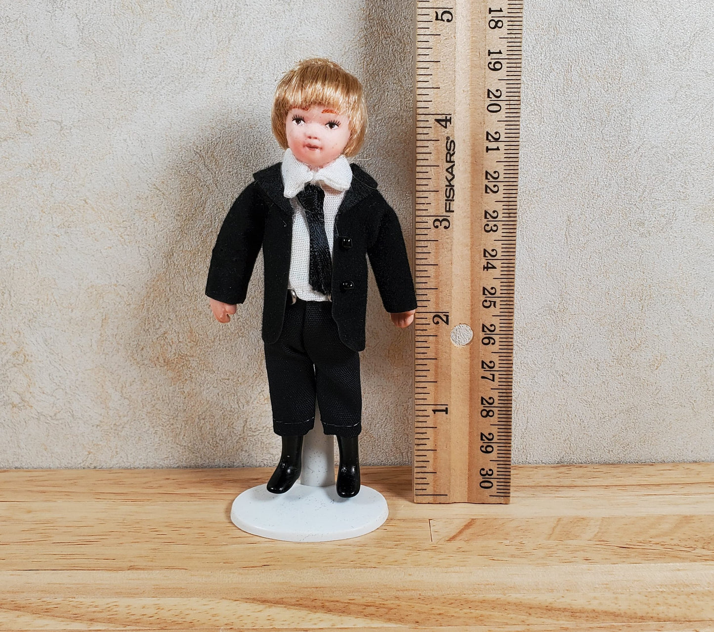 Dollhouse Boy in Black Suit & Tie Son Doll Porcelain Semi-Poseable 1:12 Scale