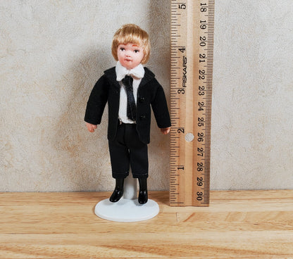 Dollhouse Boy in Black Suit & Tie Son Doll Porcelain Semi-Poseable 1:12 Scale
