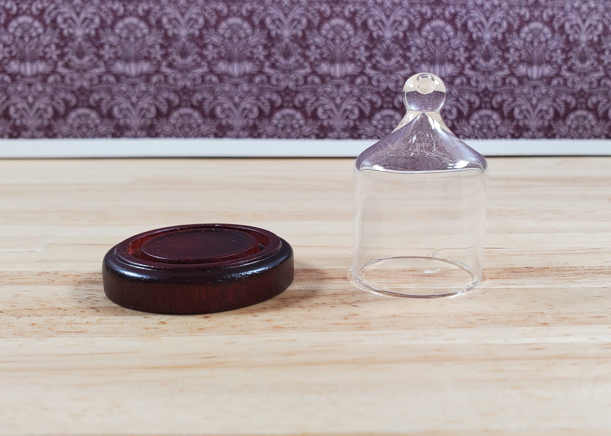 Small Glass Bell Cloche on Wooden Base 1:6 Scale Miniature 1 5/8" tall