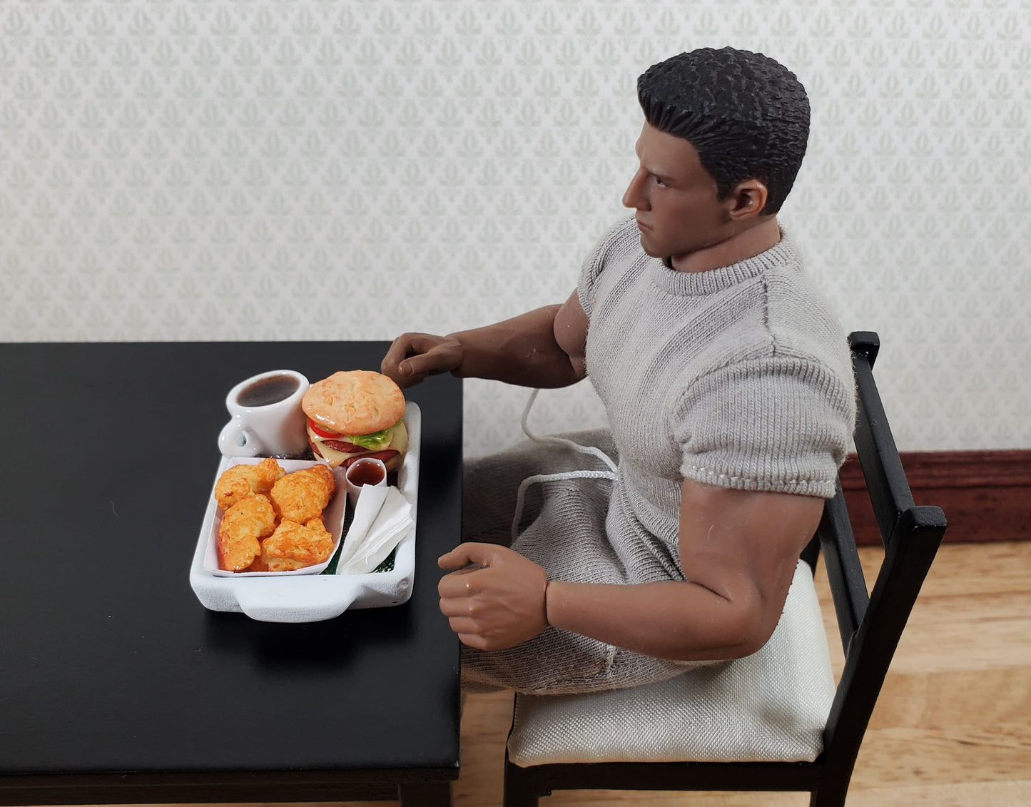 Dollhouse Hamburgers Wings Coffee Sauce on Tray 1:12 Scale Miniature Food Drink