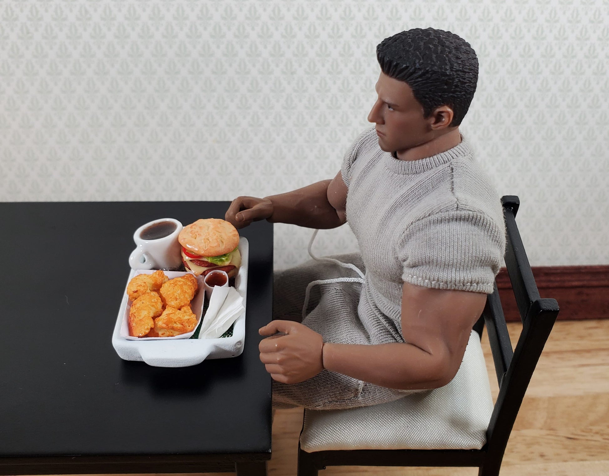 Dollhouse Hamburgers Wings Coffee Sauce on Tray 1:12 Scale Miniature Food Drink