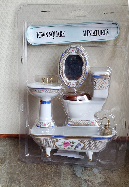 Dollhouse Miniature Bathroom Set White Gold Blue Porcelain Tub Toilet Sink 1:12 Scale