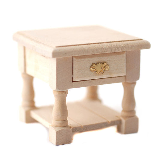 Dollhouse Miniature Side Table or Night Stand with Drawer Unpainted Wood Tudor Style 1:12 Scale Wood