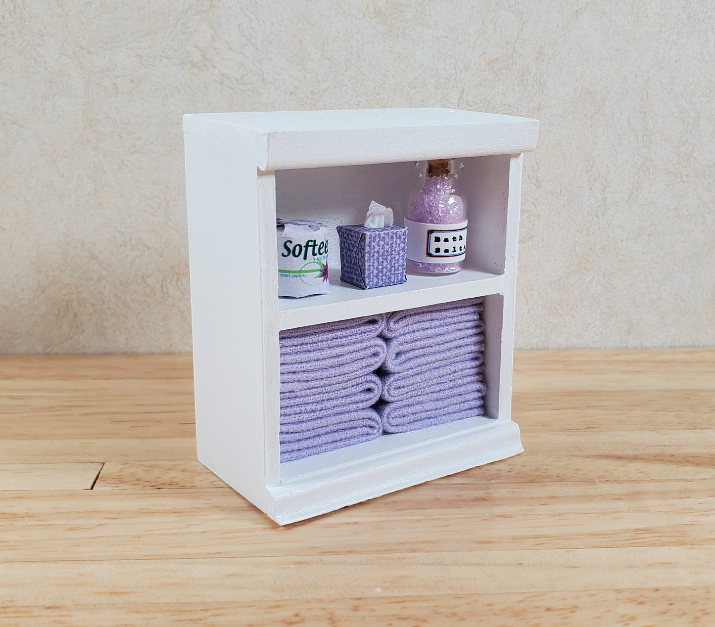 Dollhouse Bathroom Shelf with Purple Towels & Accessories 1:12 Scale Handmade