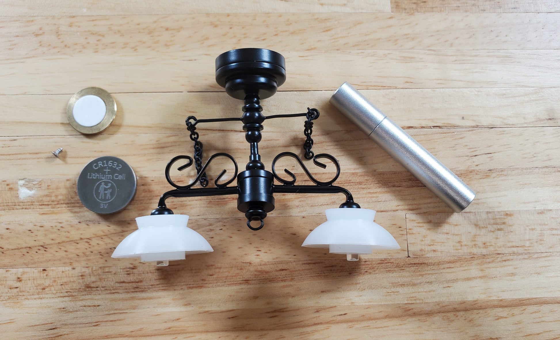 Dollhouse Ceiling Light Black with Chains & Wand 1:12 Miniature Battery Lamp
