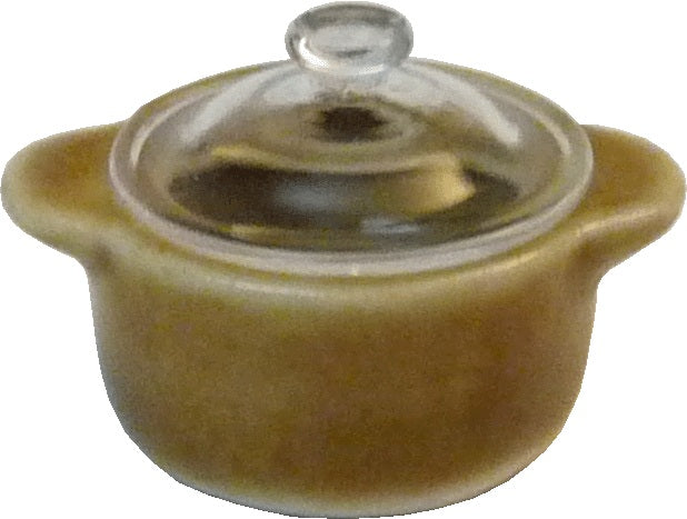 Dollhouse Small Stock Soup or Bean Pot with Lid Brown Ceramic 1:12 Scale