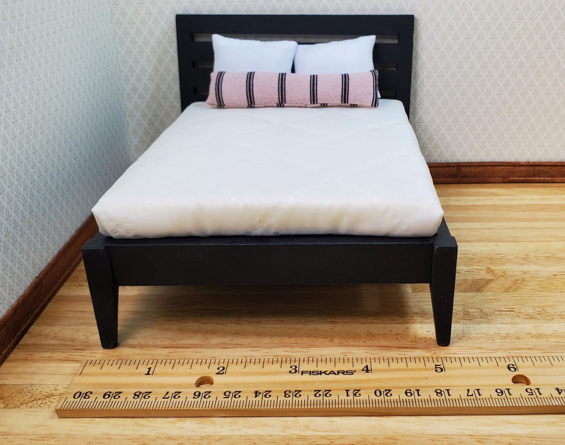 Dollhouse Double Bed Black Modern Style 1:12 Scale Miniature Wood Furniture