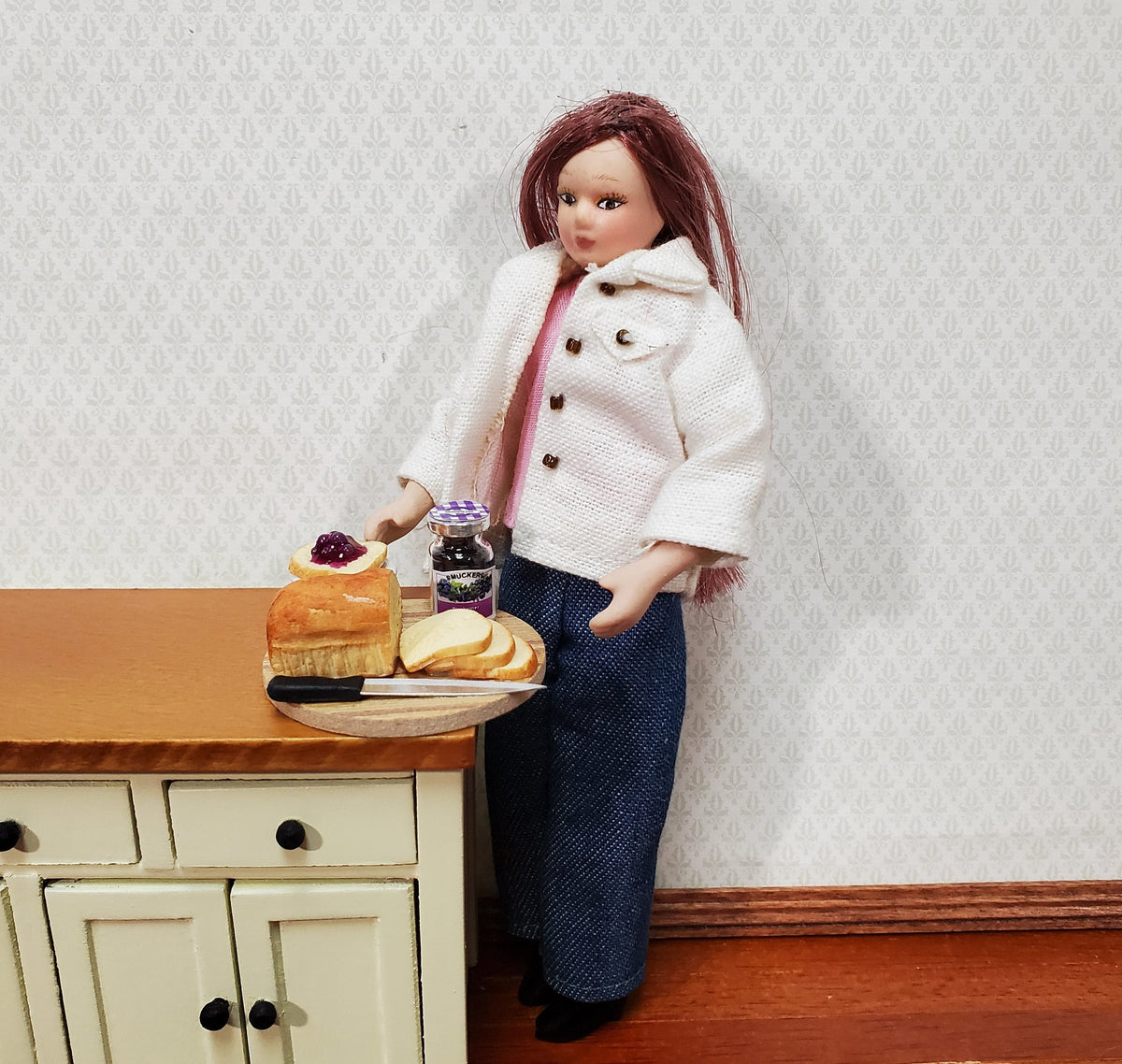 Dollhouse Bread Set with Jelly Knife Plates on Board 1:12 Scale Miniature Food