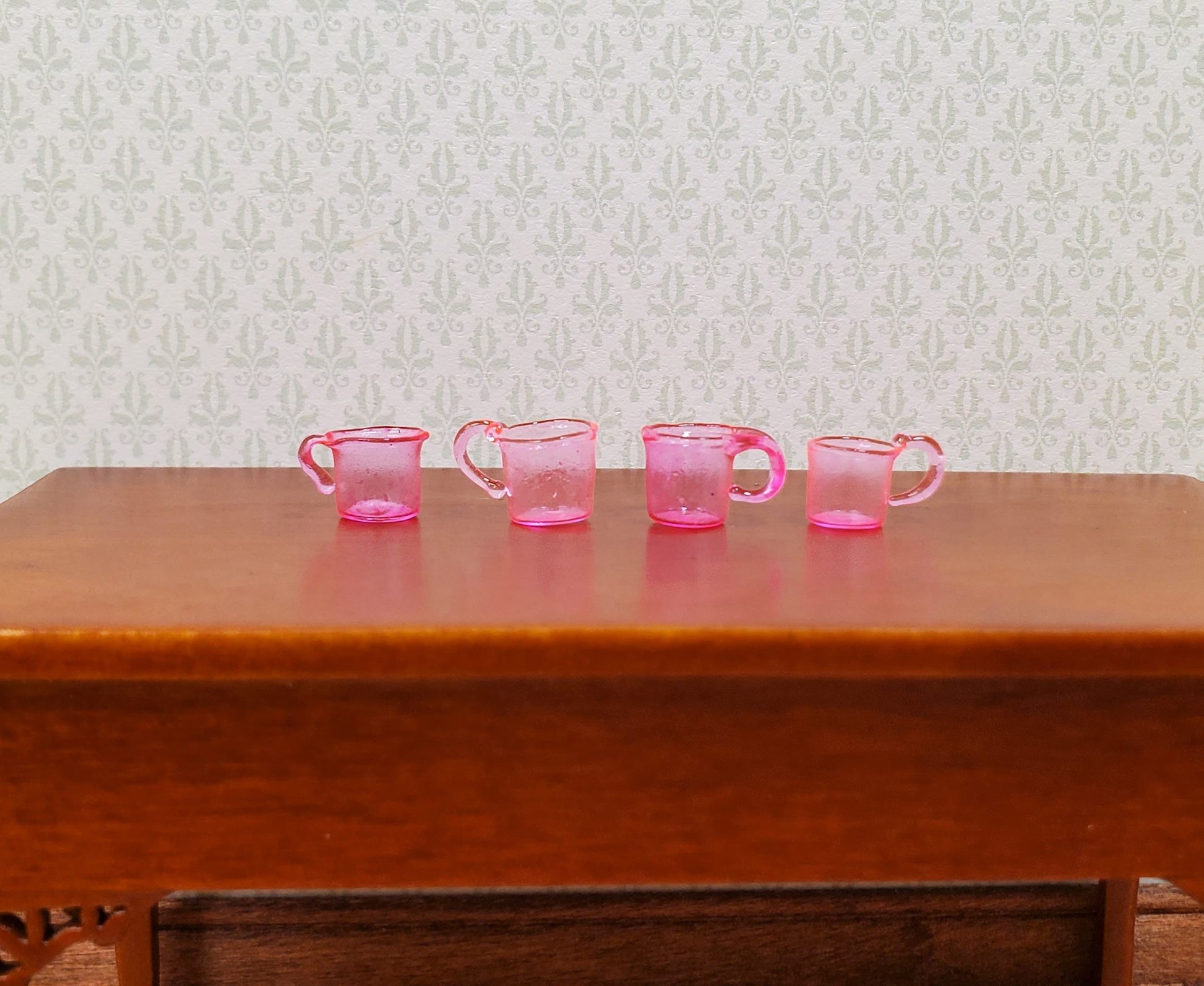 Dollhouse HALF SCALE Bright Pink Glass Cups with Handles Set of 4 1:24 Miniature