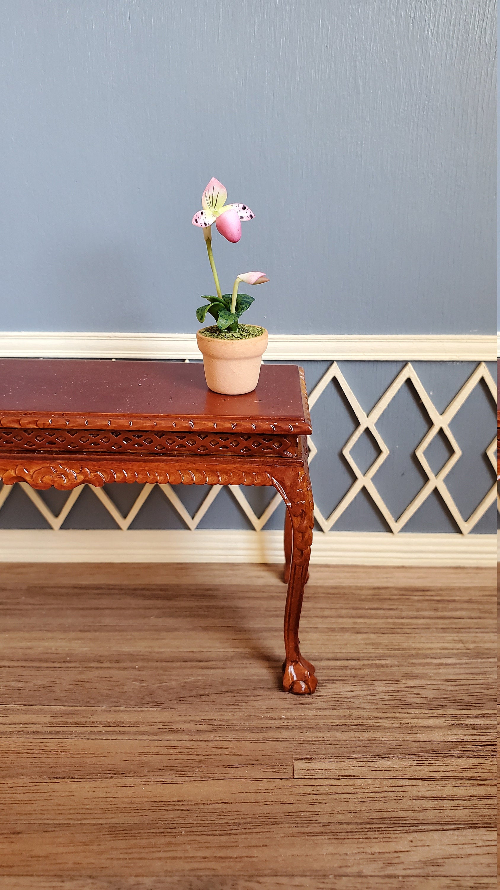 Dollhouse Miniature Potted Orchid Pink & White Flowering Plant in Clay Pot 1:12 Scale