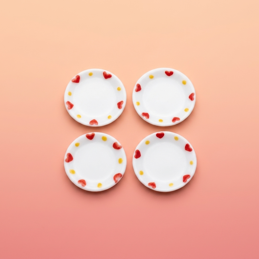 Dollhouse Dinner Plates Heart Design White Ceramic 1:12 Scale Miniature 1" 4 pcs