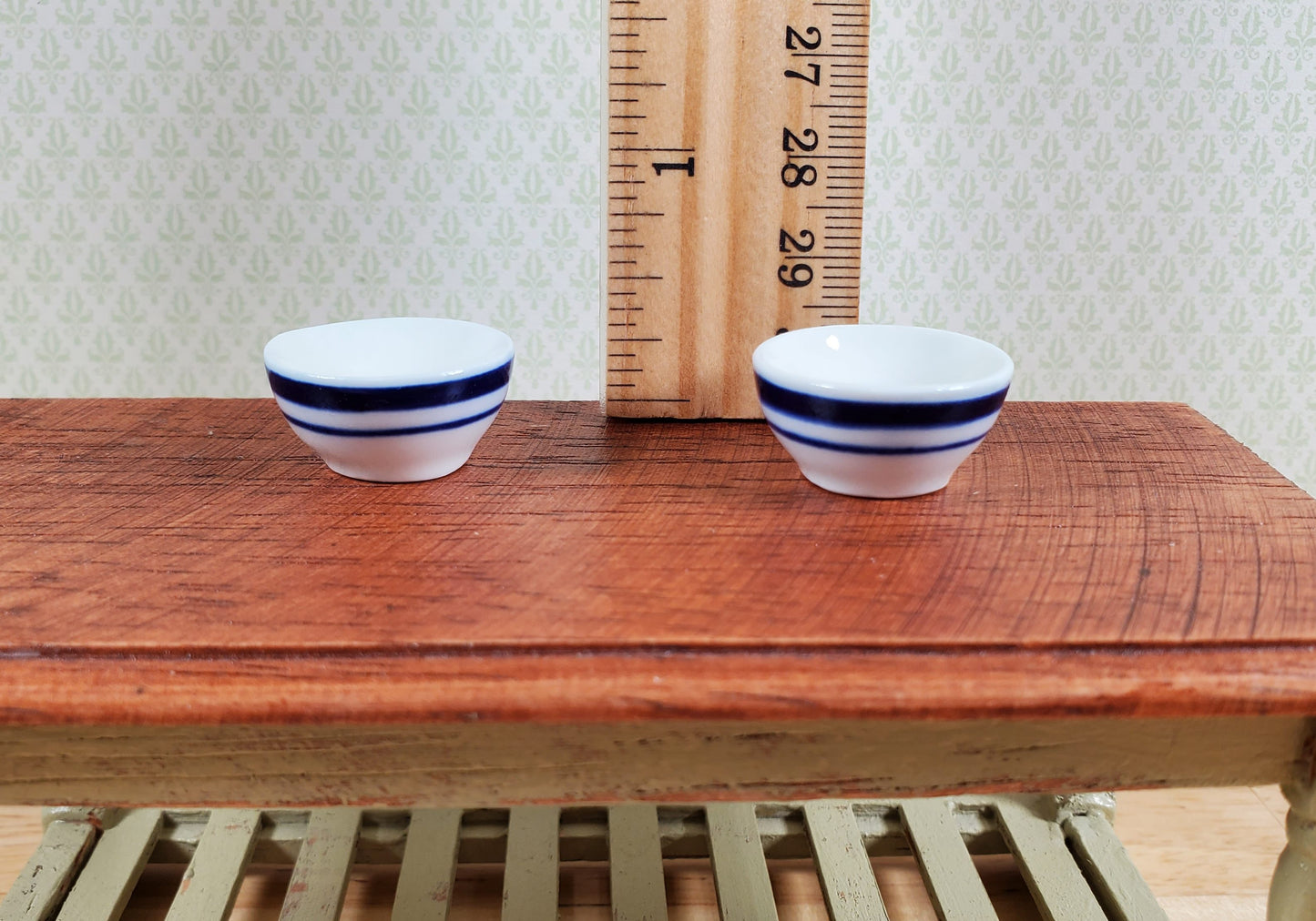 Dollhouse Bowl White with Blue Stripes Ceramic Set of 2 1:12 Scale Miniature