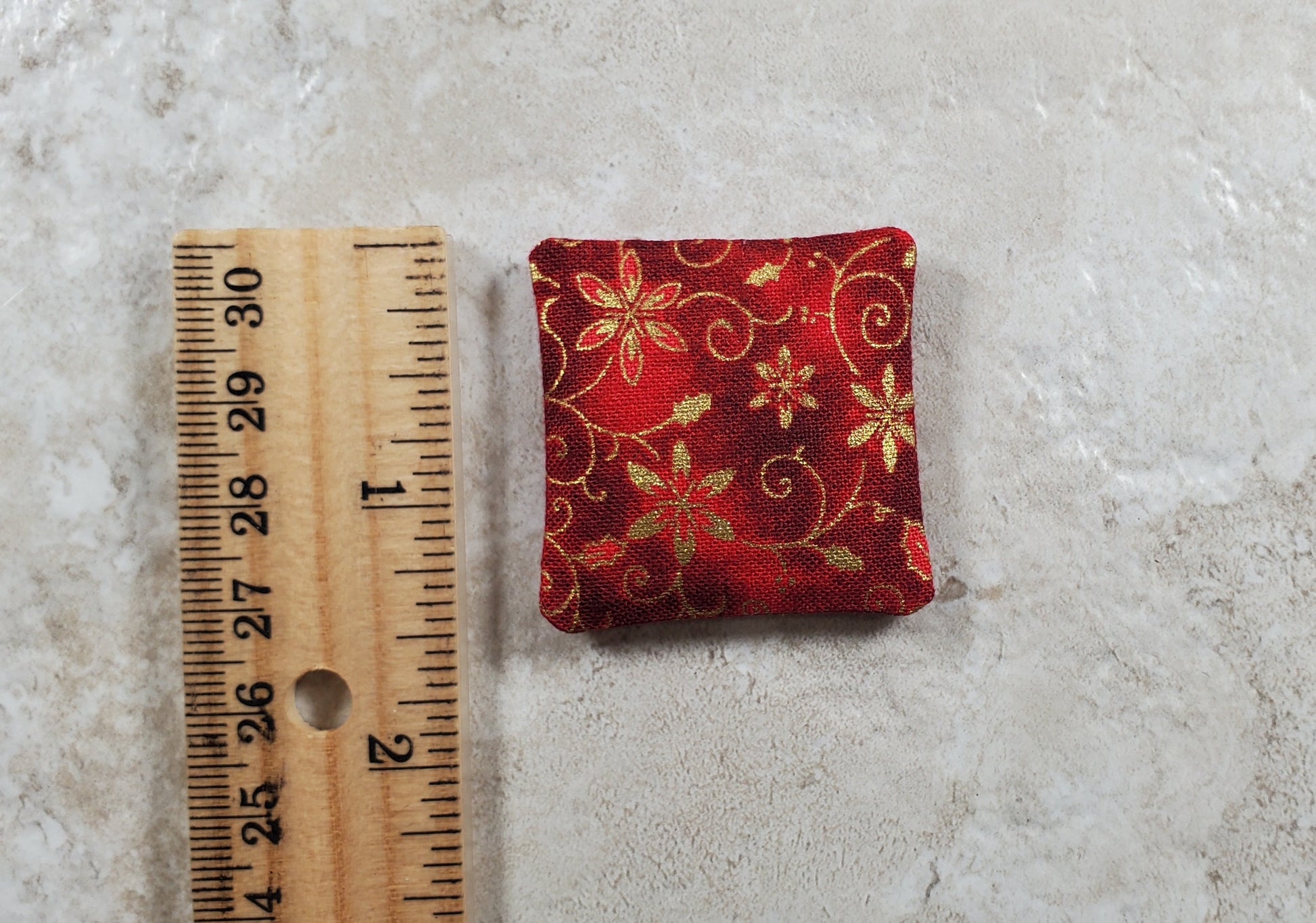 Dollhouse Miniature Pillow Red Christmas Poinsettias Handmade 1:12 Scale 1 1/2"