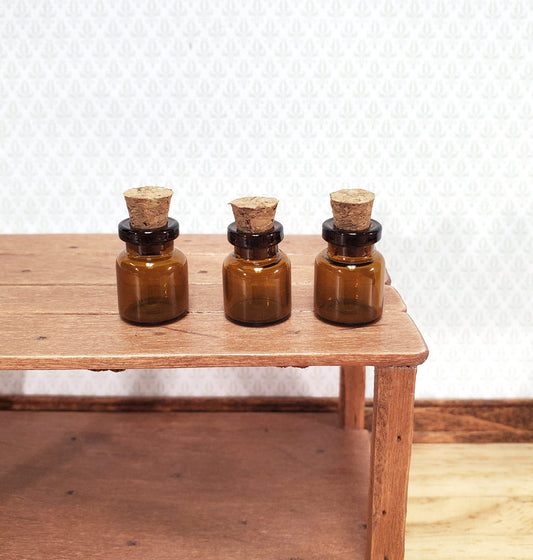 Miniature Amber Glass Jars Bottles Cork Stoppers x3 Apothecary Potions 11/16"