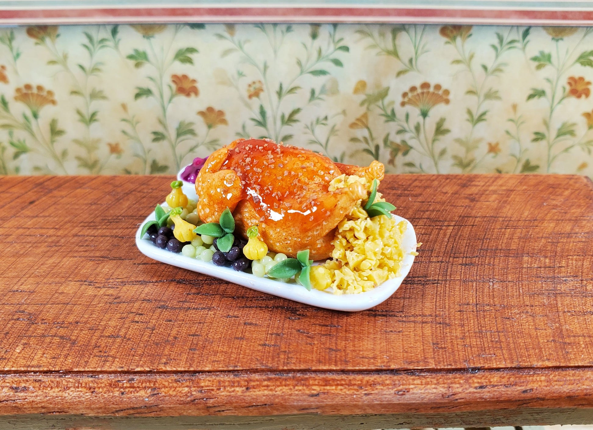 Dollhouse Glazed Stuffed Turkey on Platter with Fruit 1:12 Scale Miniature Food