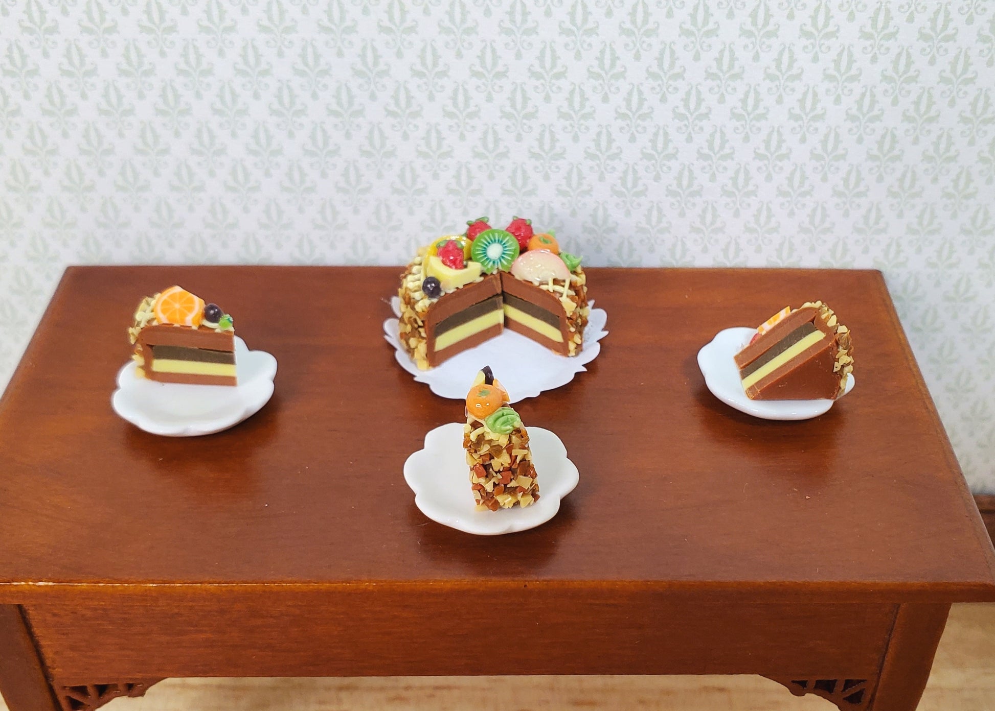 Dollhouse Fruit Topped Cake Sliced 1:12 Scale Miniature Dessert Food Bakery