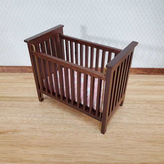 Dollhouse Crib Wood Drop Side Dark Walnut 1:12 Scale Miniature Nursery Furniture