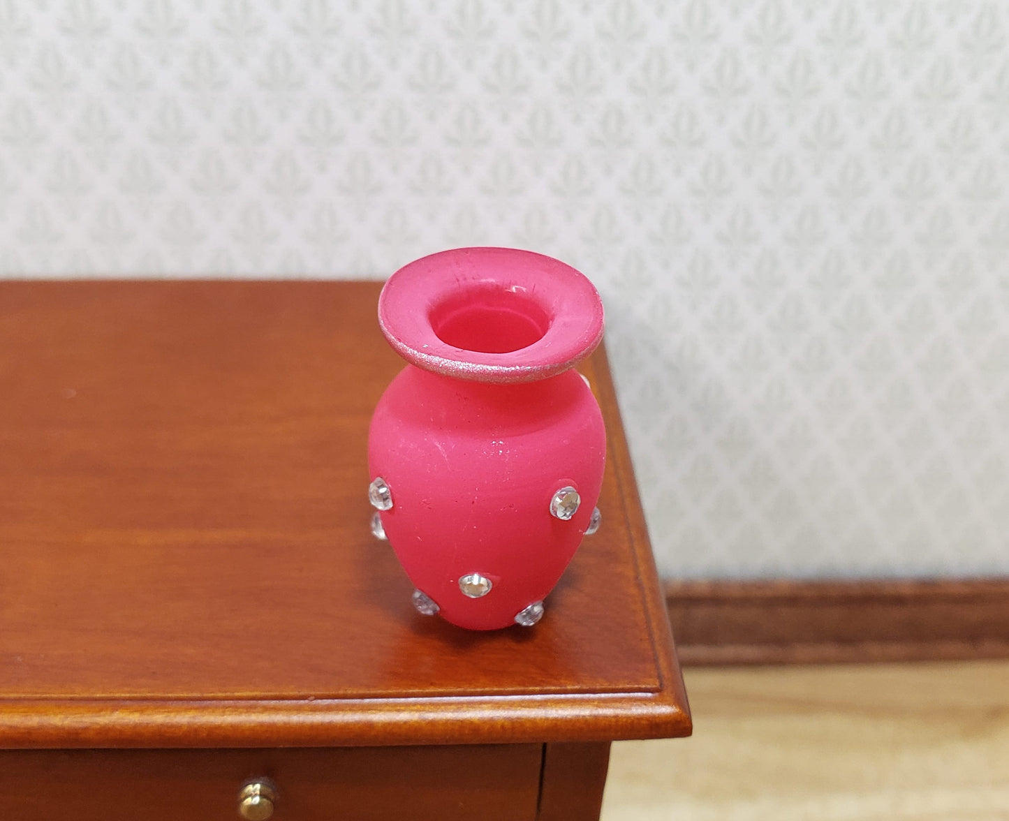 Dollhouse Jeweled Vase Pink Rose & Silver 1:12 Scale Miniature Decor Accessories