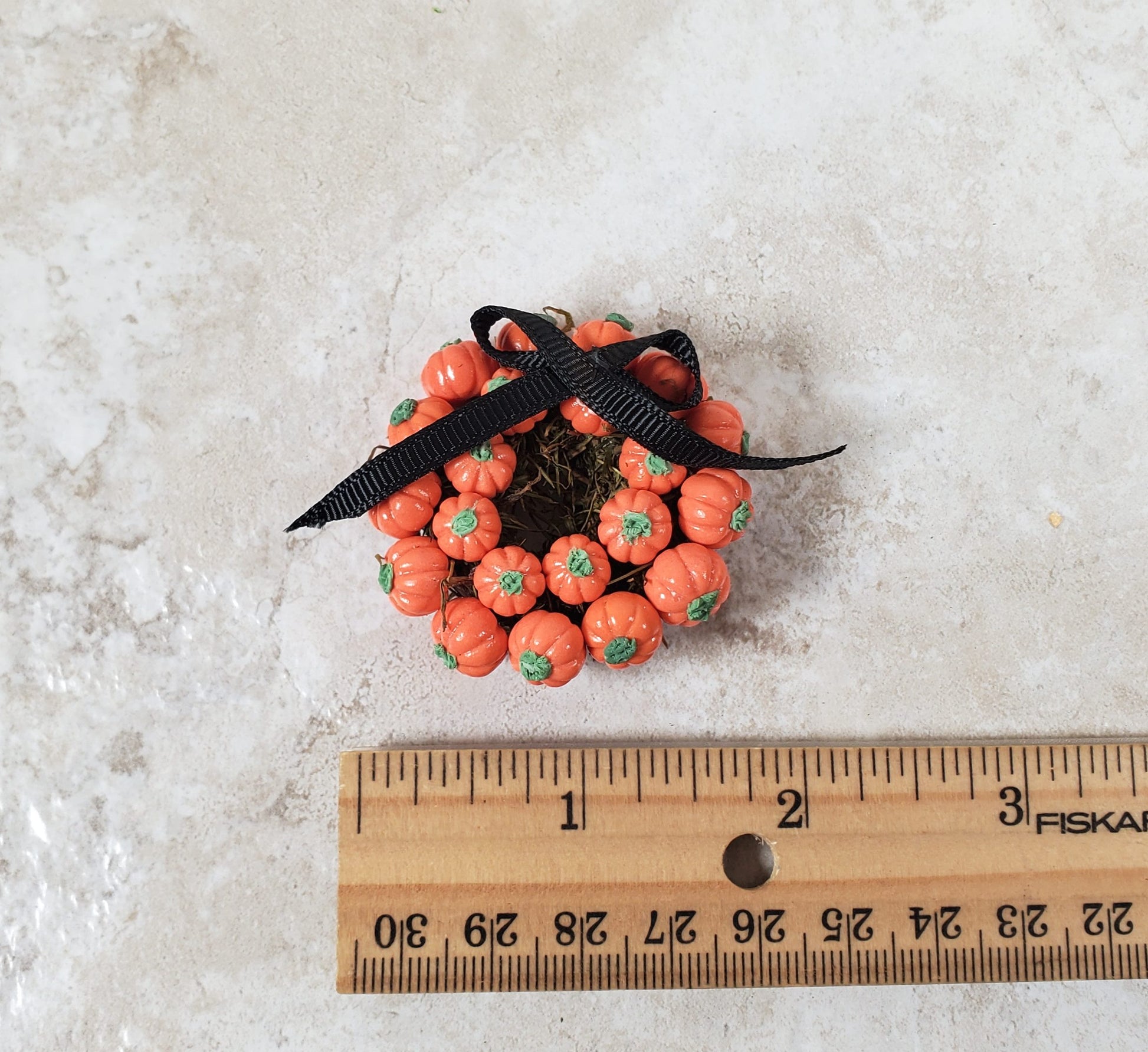 Dollhouse Pumpkin Wreath with Black Ribbon 1:12 Scale Miniature