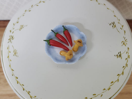 Dollhouse Mushrooms & Chili Peppers on a Ceramic Plate 1:12 Scale Miniature Food