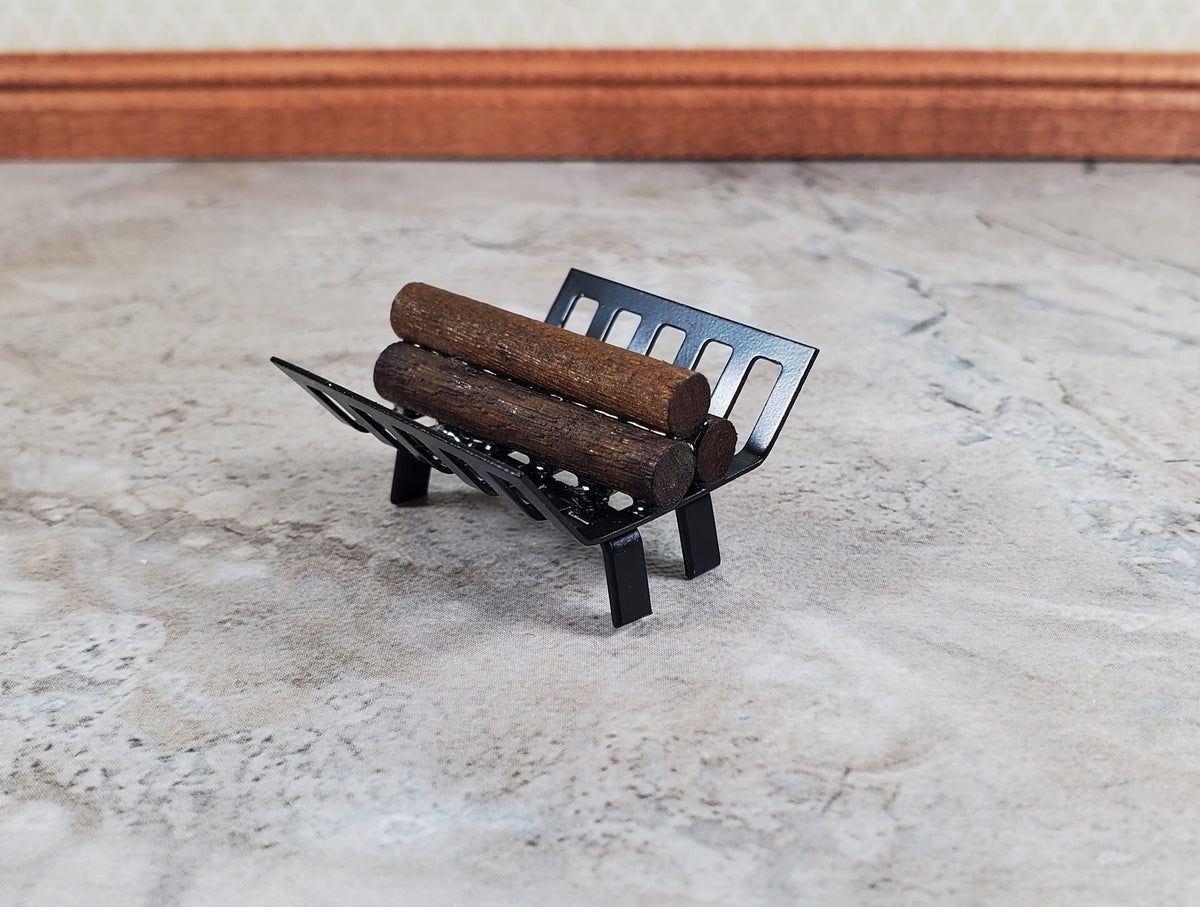 Dollhouse Fireplace Log Grate with Logs Rack Small Black Metal 1:12 Scale