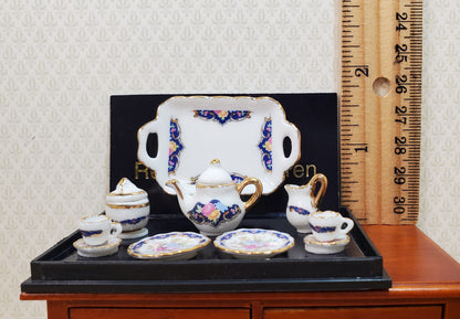 Dollhouse Tea Set Reutter Porcelain Royal Blue 1:12 Scale Plates Tray Cups