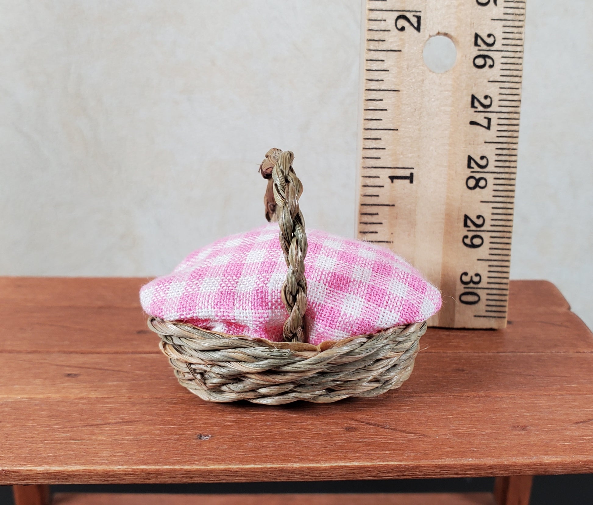 Dollhouse Picnic Basket with Pink & White Gingham Cover 1:12 Scale Miniature