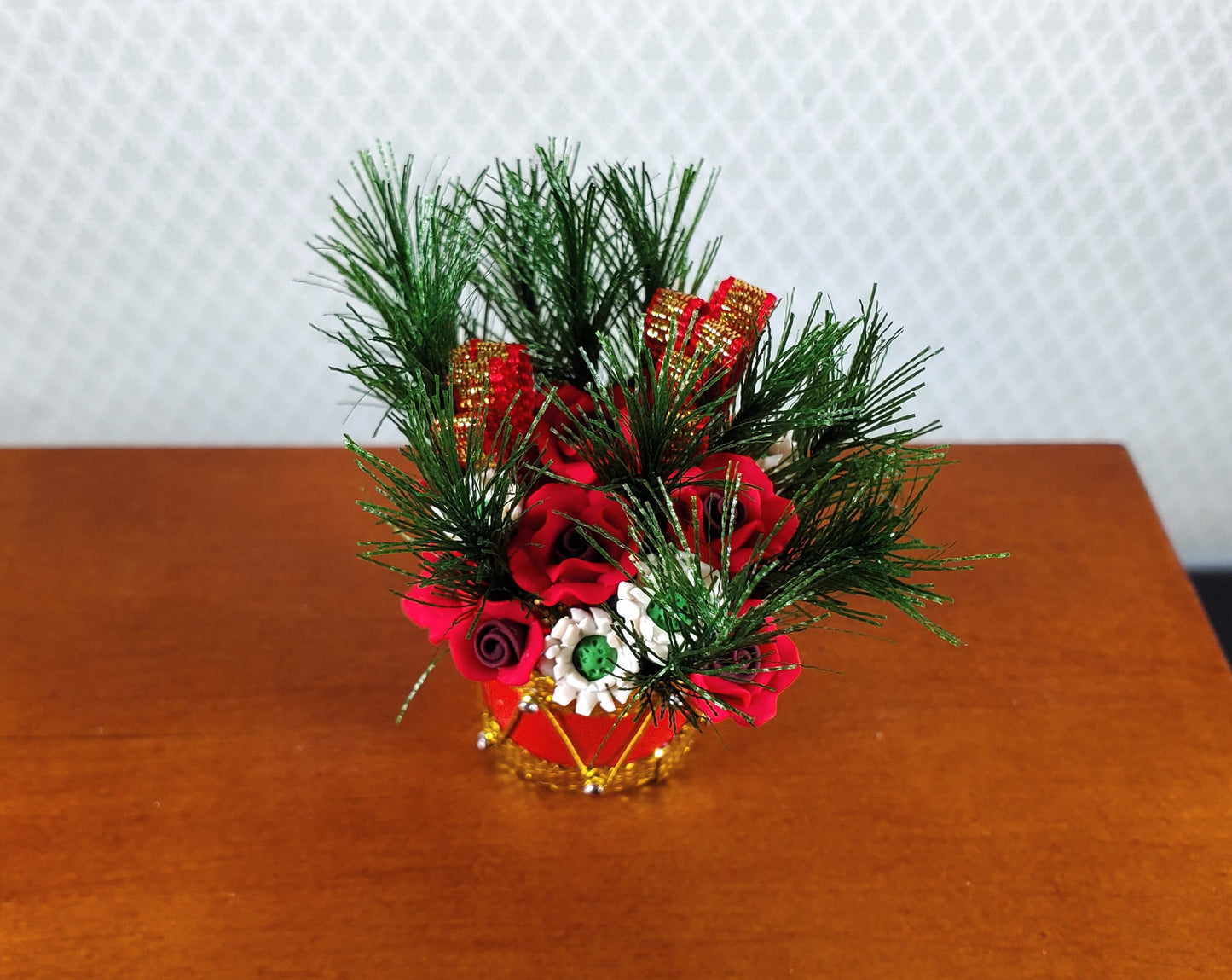 Dollhouse Red Roses & White Flowers in a Red Drum Vase 1:12 Scale Miniature