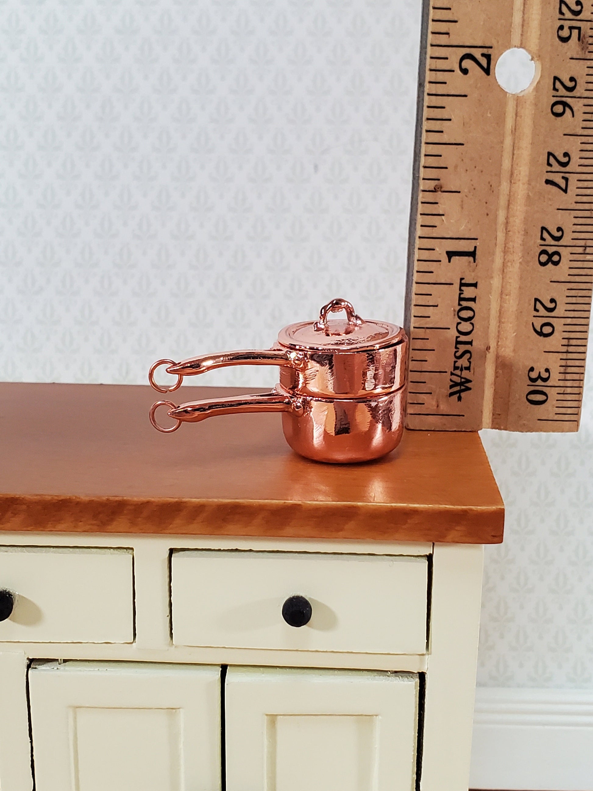 Dollhouse Copper Double Boiler Pots + Lid Cooking Pans 1:12 Scale Miniature Kitchen Falcon Miniatures
