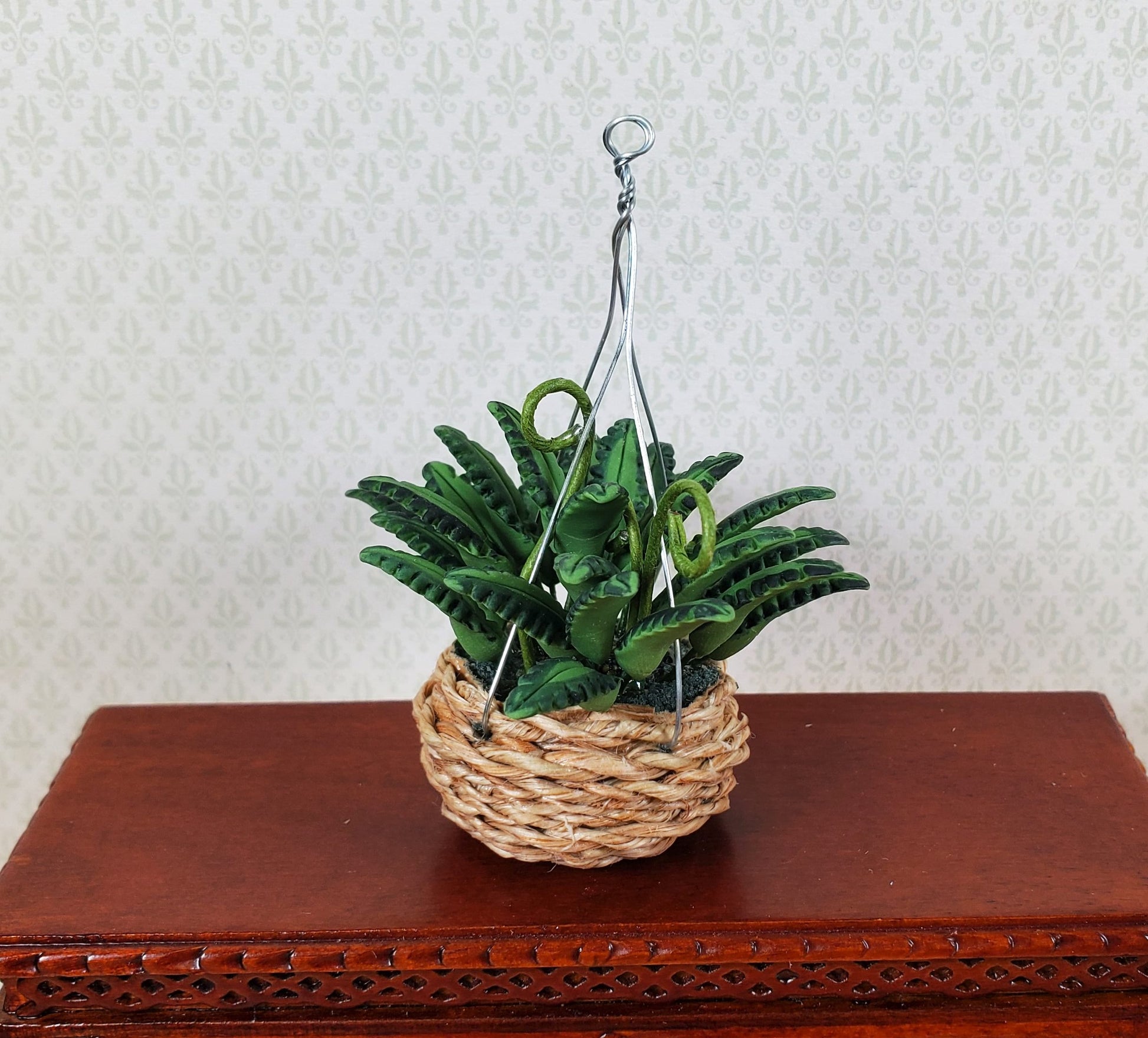 Dollhouse Fern in a Natural Woven Hanging Basket 1:12 Scale Miniature
