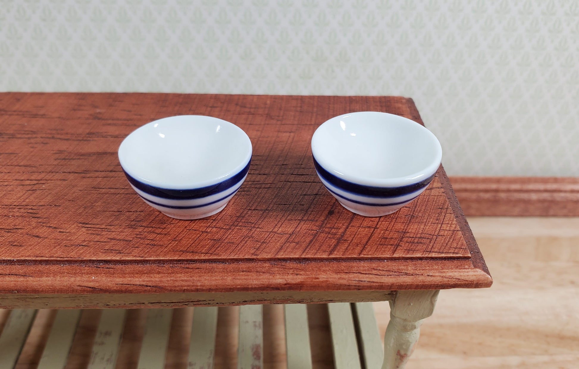 Dollhouse Bowl White with Blue Stripes Ceramic Set of 2 1:12 Scale Miniature