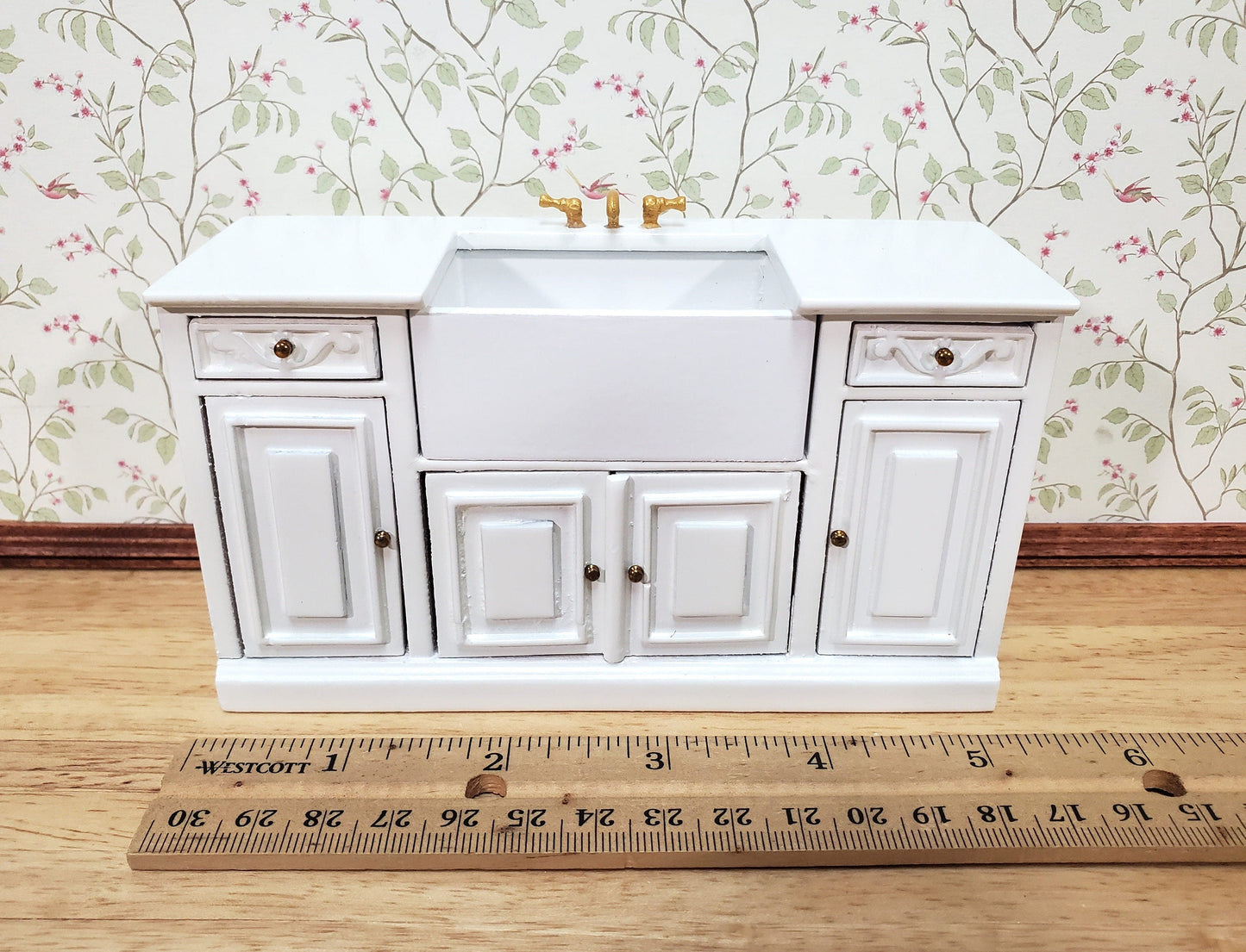 Dollhouse Kitchen Sink Farmhouse Cabinet Style White 1:12 Scale Miniature