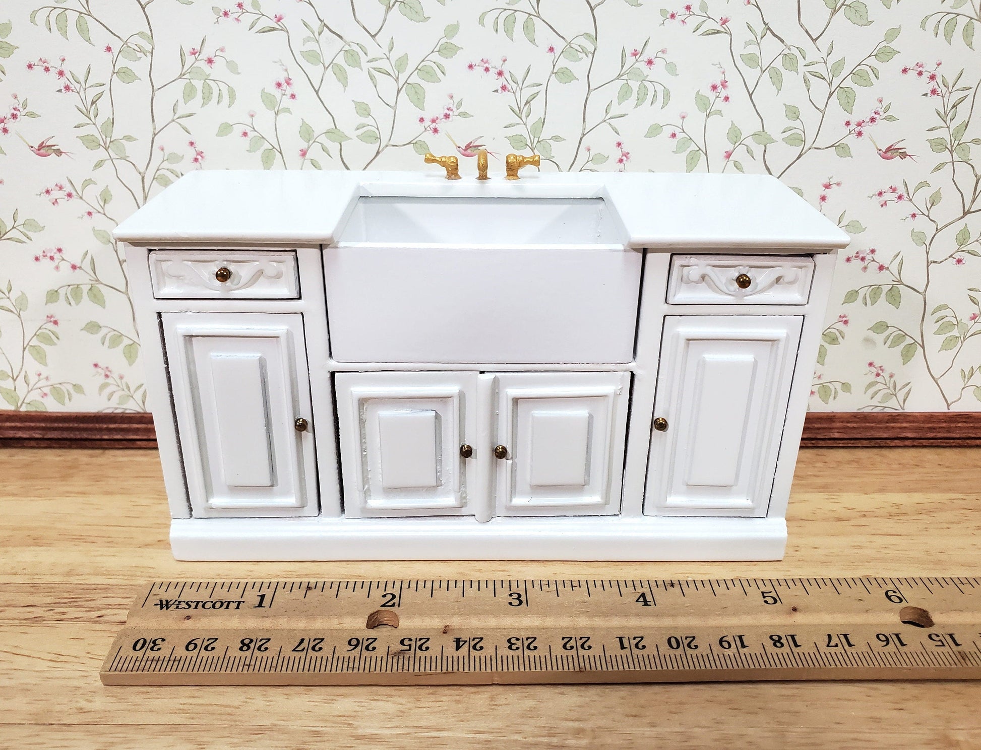 Dollhouse Kitchen Sink Farmhouse Cabinet Style White 1:12 Scale Miniature