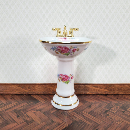 Dollhouse Pedestal Sink Bathroom Dresden Rose Reutter Porcelain 1:12 Scale Miniature