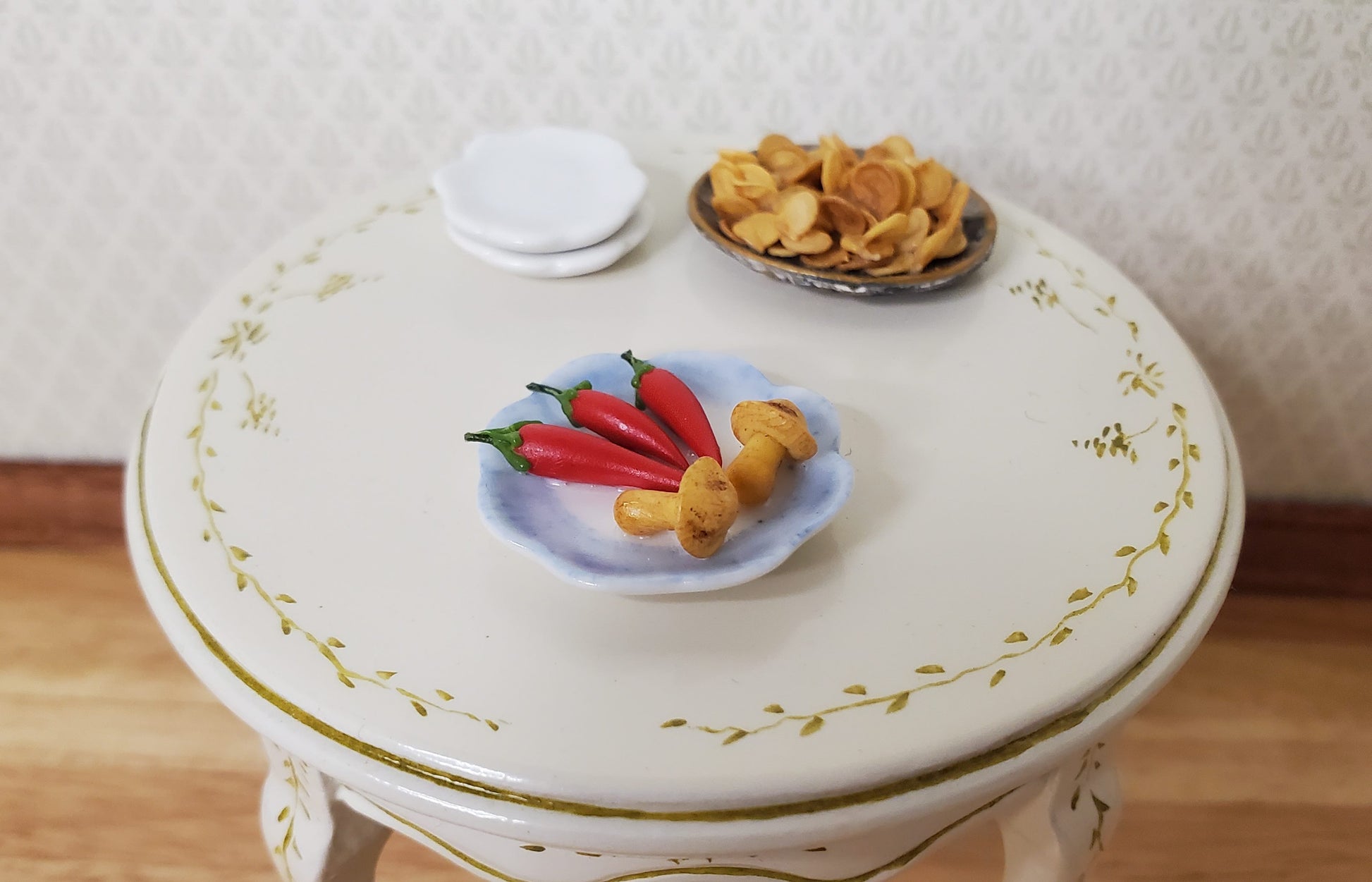 Dollhouse Mushrooms & Chili Peppers on a Ceramic Plate 1:12 Scale Miniature Food