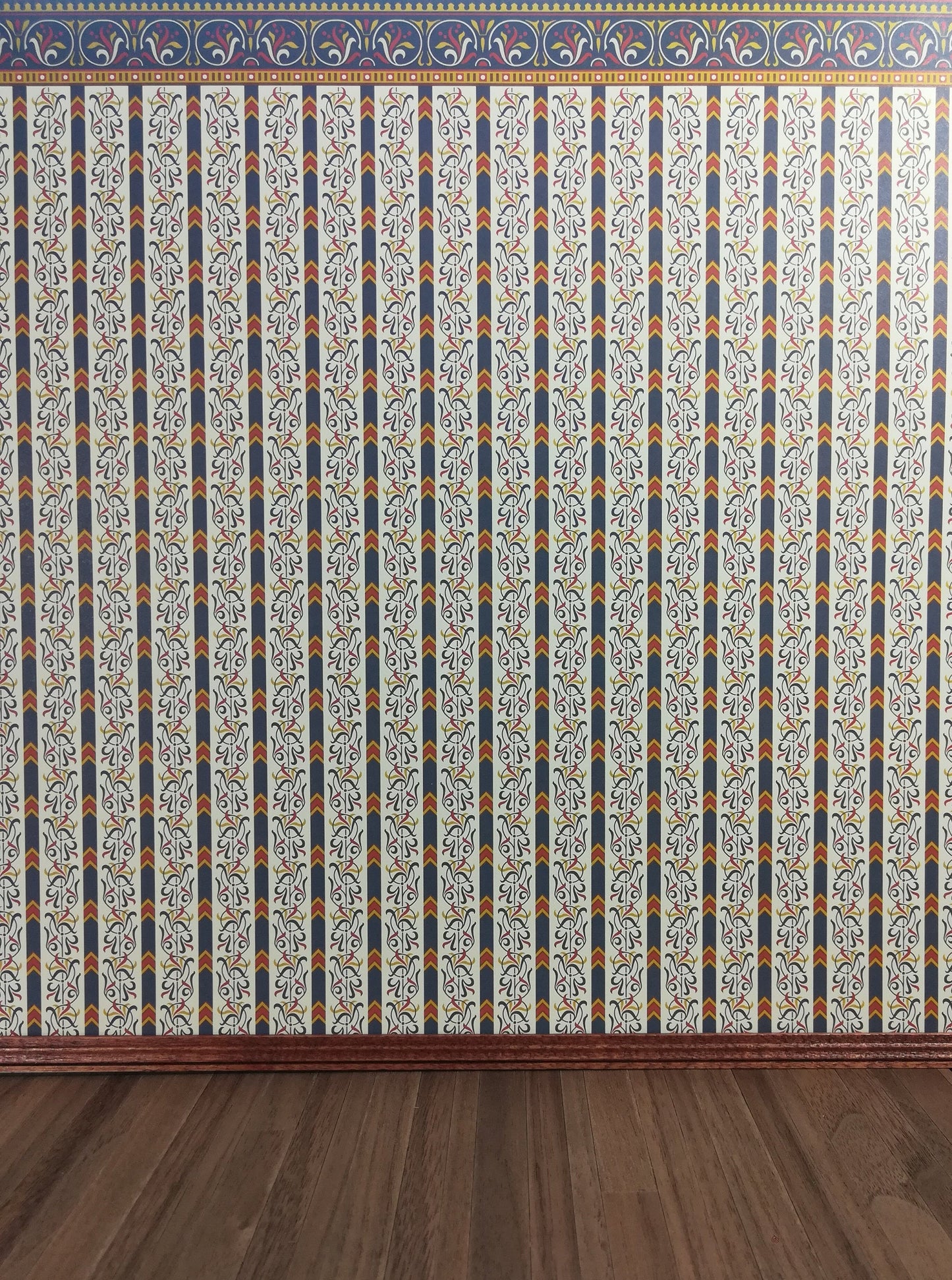 Dollhouse Miniature Wallpaper Brodnax "Renaissance" Blue Cream Gold Red 1:12 Scale