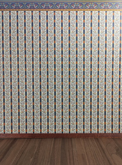 Dollhouse Miniature Wallpaper Brodnax "Renaissance" Blue Cream Gold Red 1:12 Scale