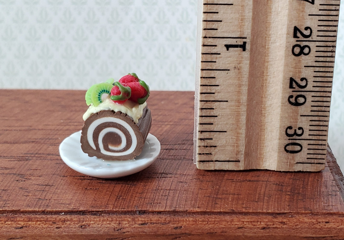 Dollhouse Yule Log Christmas Cake on Plate 1:12 Scale Miniature Dessert Food