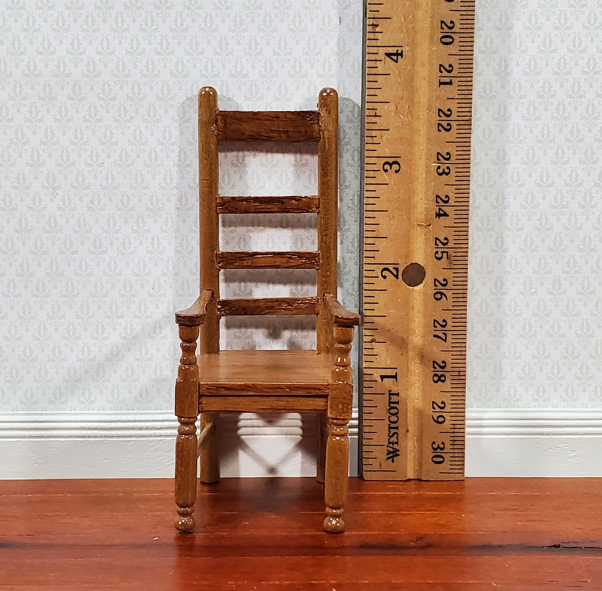 Dollhouse Arm Chair Ladderback Style Narrow Slim Profile 1:12 Scale Walnut Finish