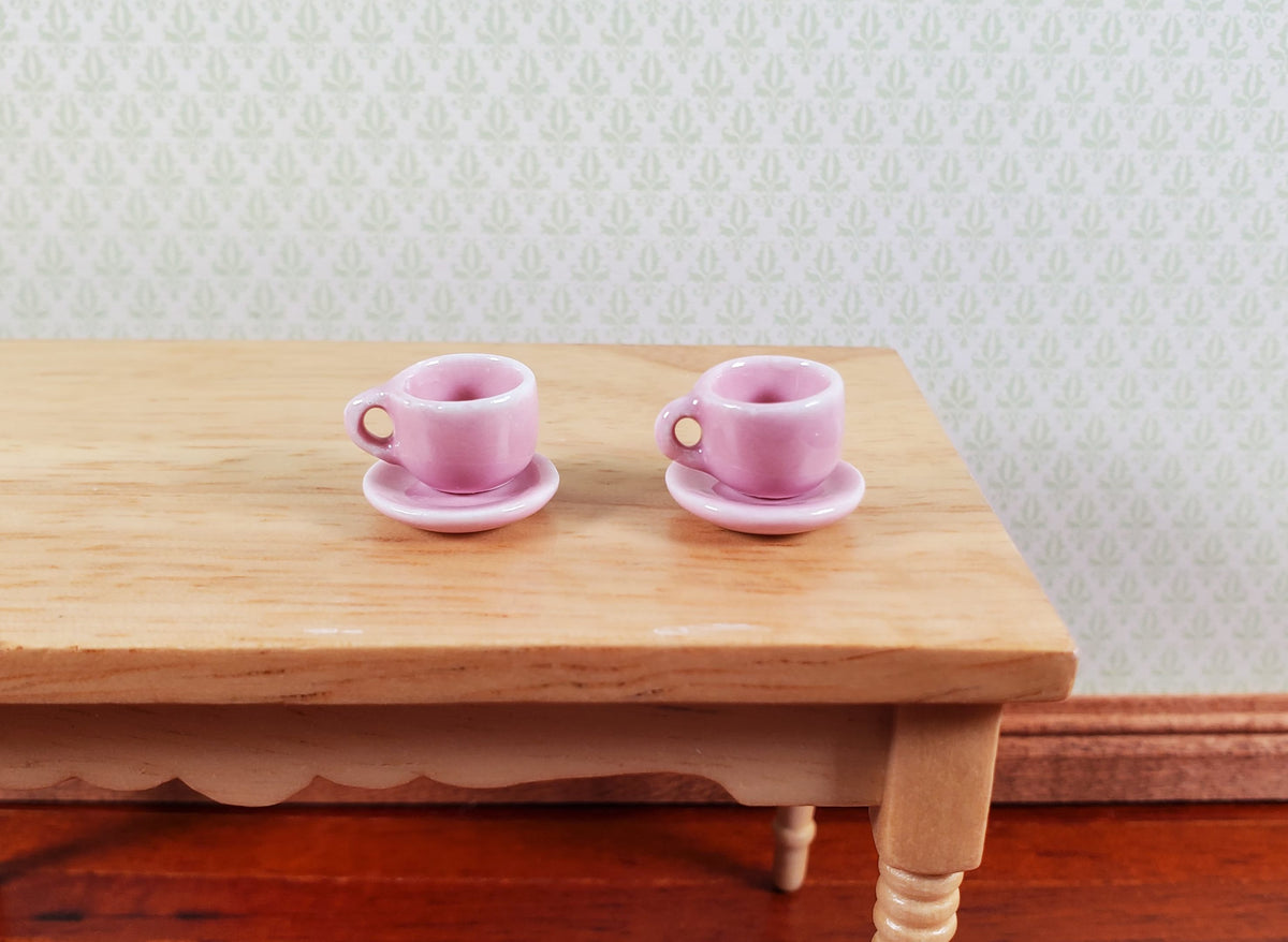 Dollhouse Coffee Mug Cups with Saucer PINK Set of 2 1:12 Scale Miniature Dishes