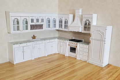JBM Dollhouse Deluxe Kitchen Set 12 Pcs Stove Sink Cupboards Fridge White 1:12