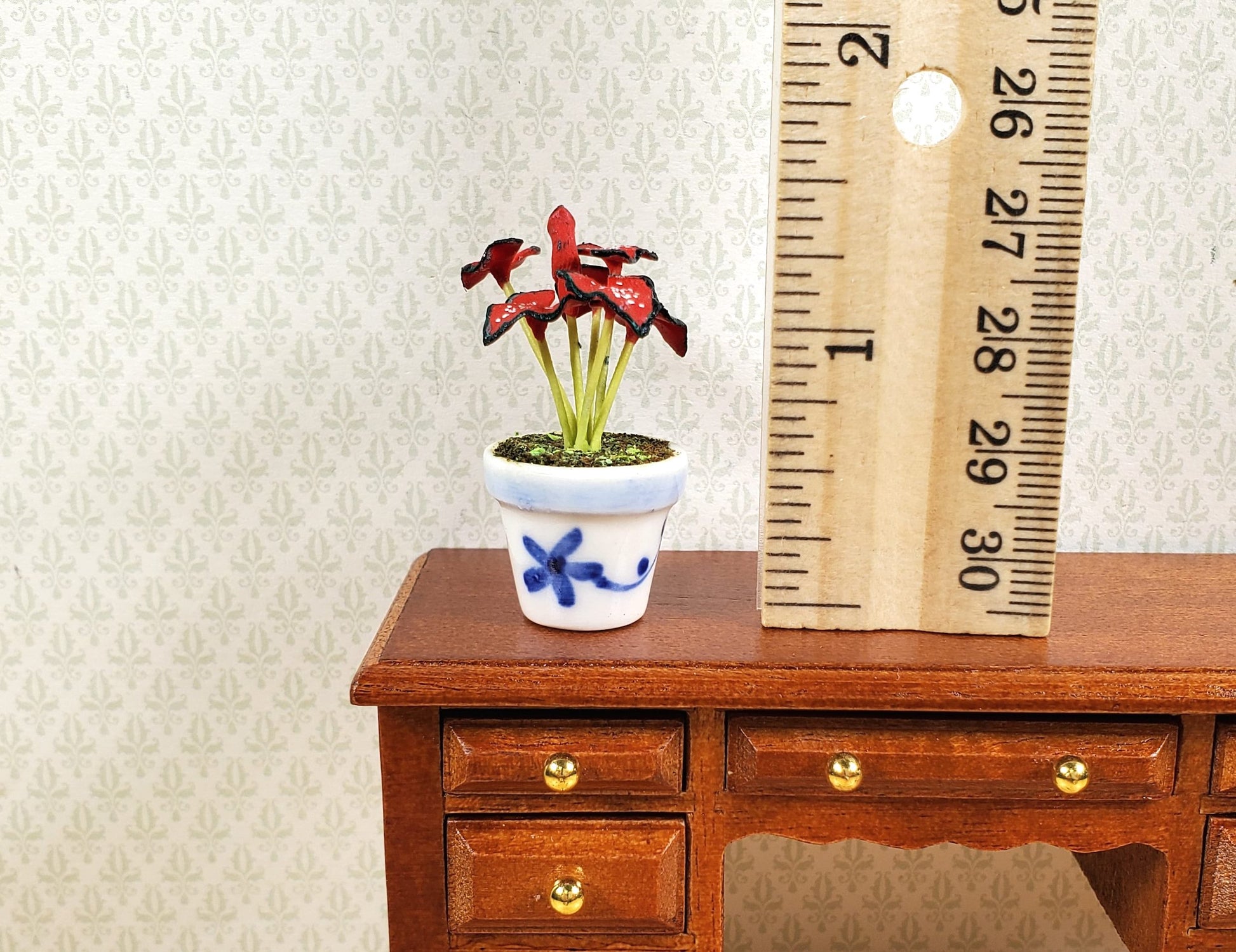 Dollhouse Red Caladium Plant in a Blue & White Ceramic 1:12 Scale Miniature