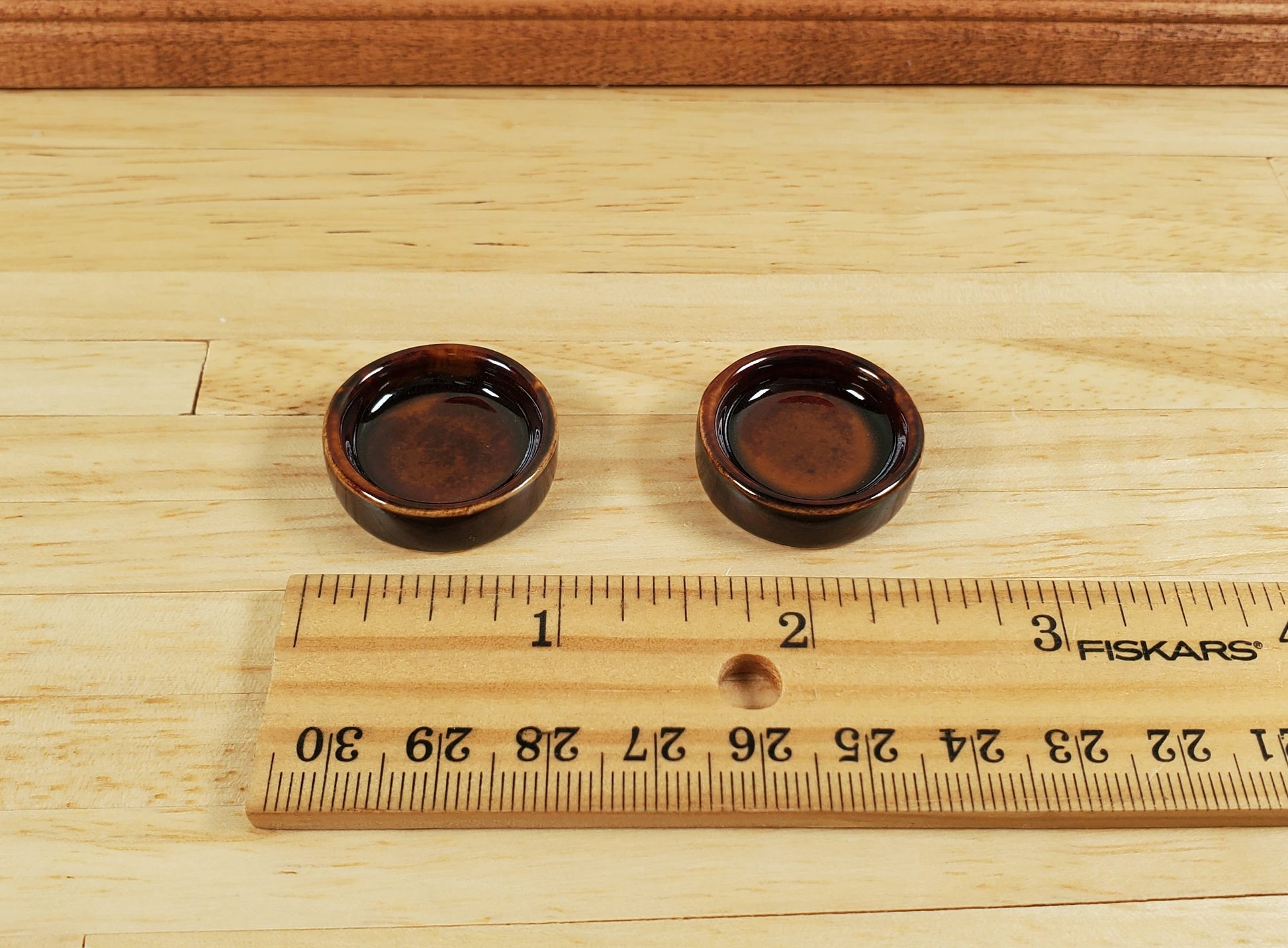 Dollhouse Dog Food Bowl Doggie Dish Large x2 Brown Ceramic 1:12 Scale